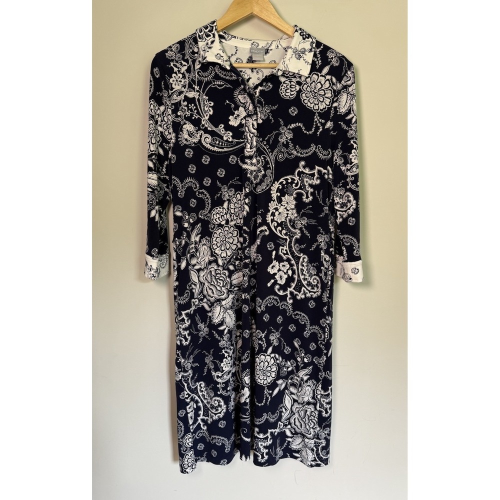 Chico's  Women's Blue White Paisley Floral Stretch 3/4 Sleeve Shift Midi Dress